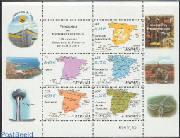 Spain 2001 Infrastructure S/S, Mint NH, Transport - Various - Post - Aircraft & Aviation - Railways - Maps - Ungebraucht
