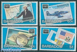 Barbados 1986 Ameripex 4v, Mint NH, Transport - Stamps On Stamps - Aircraft & Aviation - Sellos Sobre Sellos