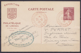 EP CP 15c Brun Semeuse "Exposition Philatélique De Limoges" Càd Rouge "EXPOSITION PHILATELIQUE /15-5-1930/ LIMOGES" Pour - Storia Postale