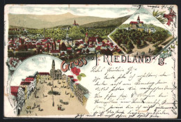 Lithographie Friedland I. B., Teilansicht, Schloss Friedland, Marktplatz  - Tchéquie