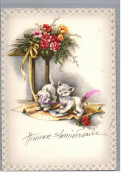 Animaux - Illustration 2 Petit Chat Chaton Cat Katze Sur Papier Cadeaux Fleur Ficelle Heureux Anniversaire - Gatos