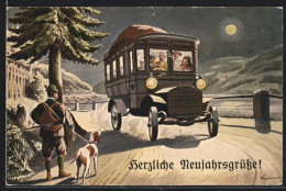 Künstler-AK Autobus Voller Reisender, Jäger Mit Hund Am Wegesrand, K. K Automobilpost, Weihnachtsgrüsse  - Correos & Carteros
