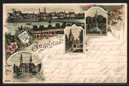 Lithographie Ingolstadt, Teilansicht Mit Brücke, Kreuzthor, Wappen  - Ingolstadt
