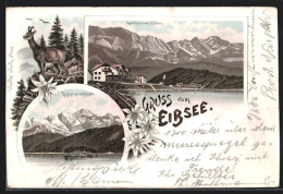 Lithographie Eibsee, Gasthaus, Zugspitze  - Zugspitze