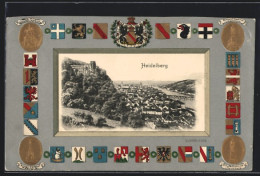 Passepartout-Lithographie Heidelberg, Stadtpanorama Aus Der Vogelschau, Wappen  - Autres & Non Classés