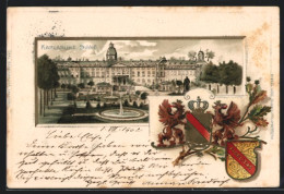 Passepartout-Lithographie Karlsruhe, Anblick Des Schlosses, Wappen  - Autres & Non Classés