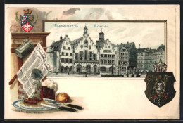 Passepartout-Lithographie Alt-Frankfurt, Partie Am Römer, Stilleben Mit Frankfurter Zeitung Und Würstchen, Wappen  - Autres & Non Classés