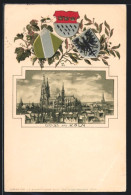 Passepartout-Lithographie Köln, Teilansicht Mit Dom, Geprägte Wappen  - Altri & Non Classificati
