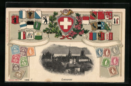AK Lausanne, Teilansicht Mit Wappen Der Schweizer Kantone Sowie Briefmarken  - Lausanne