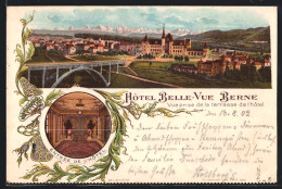 Lithographie Berne, Hôtel Belle-Vue, Vue Prise De La Terrasse De L`hôtel, Salle De Lecture  - Bern