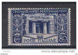 REGNO:  1922  G. MAZZINI  -  80 C. AZZURRO  N. -  SASS. 130 - Ungebraucht