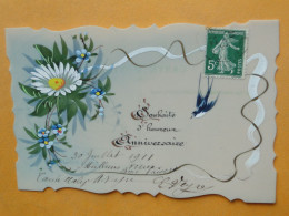 Carte FANTAISIE Celluloîd Peinte Main " Souhaits D'Heureux Anniversaire " - Fleurs Et Hirondelle - Andere & Zonder Classificatie