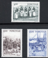 Faroyar Faeroër 1995 Life At Faroe Islands In 1900 3 Values 95-04 MNH Daisy Girls, Sheep Shaving, Unloading Fish - Sonstige & Ohne Zuordnung
