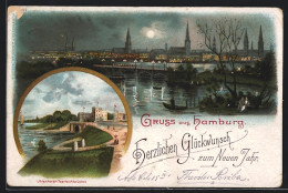 Mondschein-Lithographie Hamburg, Feenteichbrücke In Uhlenhorst, Totalansicht  - Nord