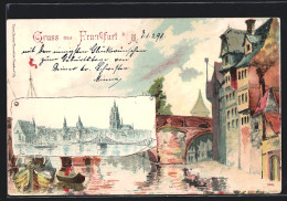 Lithographie Alt-Frankfurt, Ortspartie Mit Brücke  - Frankfurt A. Main