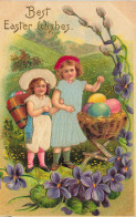 BEST EASTER WISHES DEUX FILLETTES DES OEUFS CARTE GAUFFREE EN RELIEF - Pascua