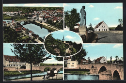 AK Echternacherbrück, Ortsansicht Aus Der Vogelschau, Brücke, Statue, Uferpartie  - Autres & Non Classés