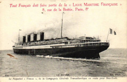 Le Paquebot France De La Compagnie Générale Transatlantique En Route Pour New-York - Steamers