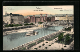 AK Wien, Donaukanal, Rossauer Kaserne, Augartenbrücke, Polizei Gefangenenhaus, Dampfer  - Autres & Non Classés