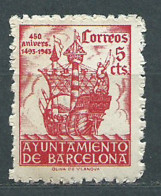 Barcelona Correo 1943 Edifil 49 ** Mnh Aniversario De La Llegada De Colón A Bar - Barcelone