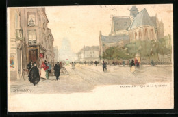 Künstler-Lithographie Henri Cassiers: Bruxelles, Rue De La Régence, Strassenpartie  - Other & Unclassified