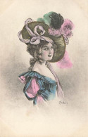 N°25103 - Illustrateur - Bottaro - Portrait D'une Femme Portant Un Chapeau Avec Des Plumes Vertes Et Roses - Bottaro