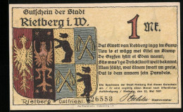 Notgeld Rietberg I. W. 1921, 1 Mark, Schloss Eden Vor Dem Abbruch  - [11] Local Banknote Issues