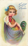 N°25115 - Carte Gaufrée - Pâques - Fröhliche Ostern - Fillette Câlinant Un Coq - Easter