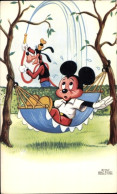 Artiste CPA Walt Mickey Mouse, Goofy, Hängematte, Wasserschlauch - Juegos Y Juguetes