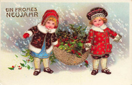 N°25116 - Carte Gaufrée - Clapsaddle - Ein Fröhes Neujahr - Enfants Portant Un Panier Rempli De Houx - Año Nuevo