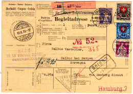 Schweiz 1926, 4 Marken Auf Wert Paketkarte V. Emmenbrücke N. Bergen, Norwegen  - Covers & Documents