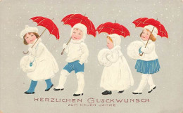 N°25123 - Carte Gaufrée - Nouvel An - Flatscher - Procession D'enfants Avec Des Parapluies Rouges - Nouvel An