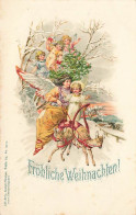 N°25130 - Fröhliche Weihnachten - Ange Gardien Et Anges Dans Un Traîneau Apportant Un Sapin - Autres & Non Classés