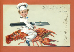 CPA Fantaisie Ajouti, Découpi Gaufré 1er Avril - Garçon, Cuisinier, Homard, Poisson -  "Une Amie Voulant Te Régaler ..." - Humor