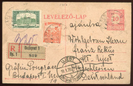 BUDAPEST 1920. Kiegészített, Ajánlott Díjjegyes Levlap Ujest, Németországba Küldve - Storia Postale