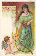 N°25143 - Fantaisie - Ange Offrant Une Fleur à Une Femme - Paillettes - Autres & Non Classés