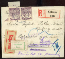 KALOCSA 1921. Expressz Ajánlott Cenzúrázott Levél Békéscsabáról Továbbküldve Szegedre - Storia Postale