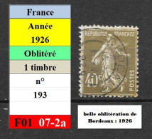 Timbre N° 193 - Semeuse Fond Plein  (belle Oblitération De Bordeaux - 1926) - Used Stamps