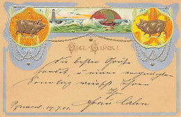 N°25149 - Carte Gaufrée - Art Nouveau - Viel Glück - Cochon, Bateau Dans La Mer Près D'un Phare - Andere & Zonder Classificatie