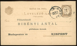 1899. Díjjegyes Levlap, FELSŐTISZOVNYIK Ritka Bélyegzéssel - Lettres & Documents