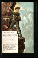 Lithographie Ein Jäger Im Felsiger Höhe, Gedicht Der Gemsjäger  - Chasse