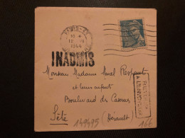 PETITE LETTRE TP MERCURE 50c OBL.MEC.12 VI 1944 PARIS PARIS 43 Pour SETE (HERAULT) Griffe INADMIS - WW II