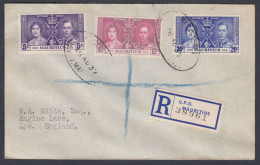 British Mauritius 1937 Used Registered Cover To England, Coronation Of King George VI Stamps - Mauricio (...-1967)