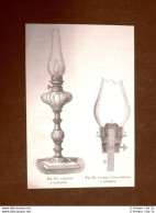 Incisione Del 1875 Invenzione Lampada A Petrolio E Sua Sezione - Vor 1900