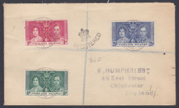 Falkland Islands 1937 Used Registered Cover To England, Coronation Of King George VI Stamps - Falklandeilanden