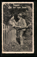 AK Rendezvous Am Gartenzaun, Bayerische Tracht  - Costumes