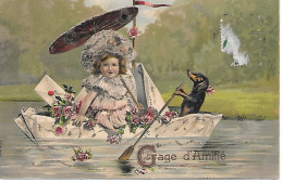 Teckel - Dackel - Dachshund - Bassotto -  Girl, Fille, Ragazza - Boat, Bateau, Barca - Embossed, Gaufrée, With Glitter - Chiens