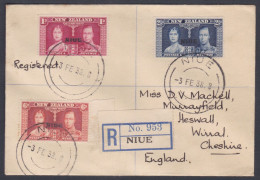 Niue New Zealand 1938 Used Registered Cover To England, Coronation Of King George VI Stamps - Niue