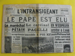 Journal L'Intransigeant Du 3 Mars 1939. Pape Pie XII Pacelli Weidmann Pétain Aubert Shanghai Chine - Autres & Non Classés