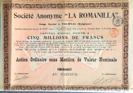 S.A. La Romanilla - Bruxelles - 1920 - Action Ordinaire - Tournai - Miniere